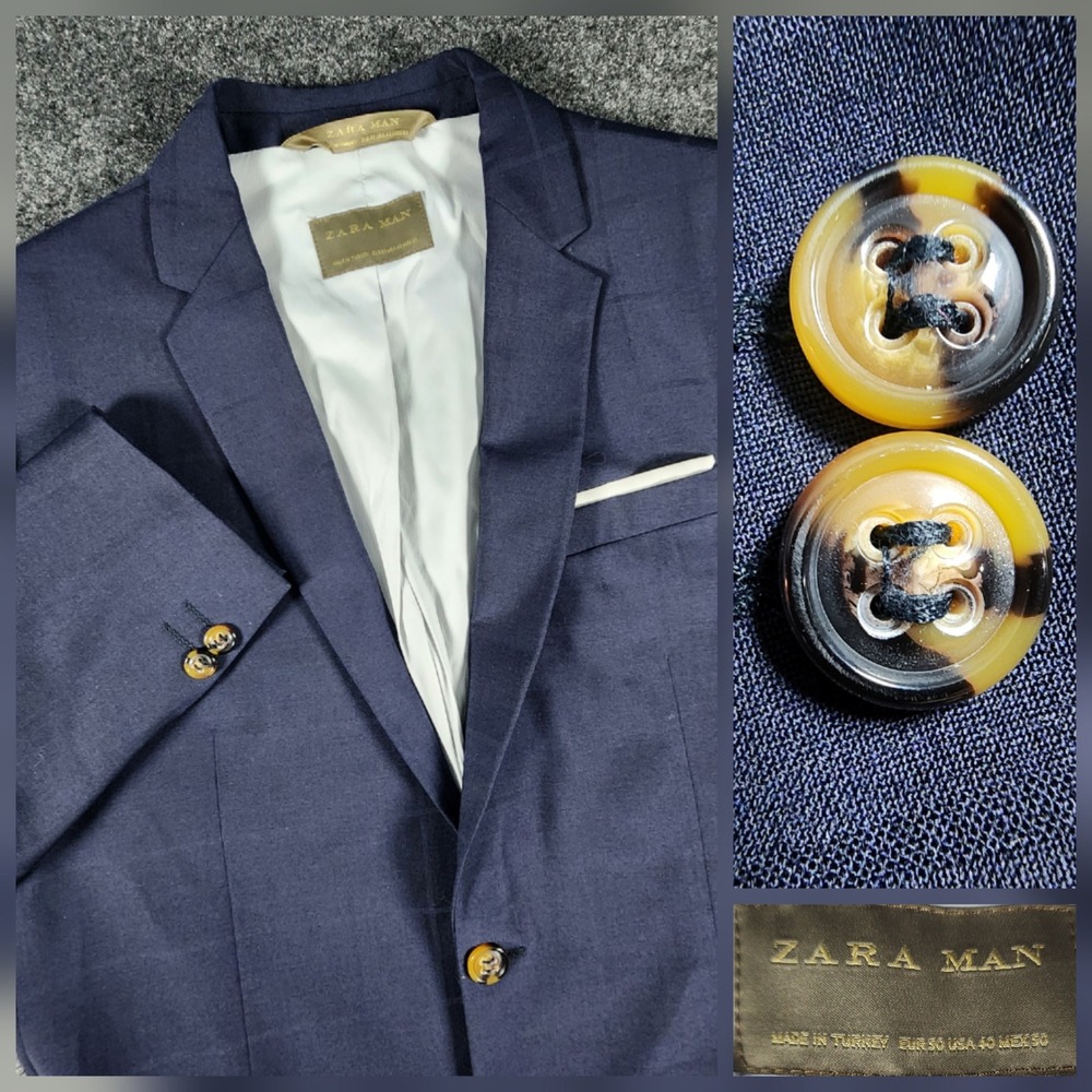 Zara Man Blazer Mens 40R Navy Blue Wool Blend Two Button Check Suit Jacket